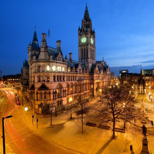 Manchester Town Hall and Albert Square at night